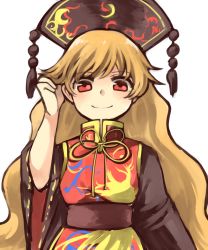 Rule 34 | 1girl, bad id, bad pixiv id, black dress, blonde hair, chinese clothes, dress, hat, highres, junko (touhou), long hair, looking at viewer, looking down, playing with own hair, red eyes, sasa kichi, sash, simple background, smile, solo, touhou, upper body, wavy hair, white background, wide sleeves