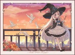 Rule 34 | 1girl, bird, blue eyes, dove, flower, hat, highres, holding, holding wand, japanese clothes, kaguya (onmyoji), long hair, looking at viewer, magical girl, onmyoji, rooftop, smokestack, solo, very long hair, vincente, wand, white hair, witch, witch hat