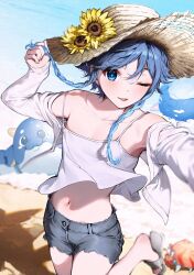 Rule 34 | 1boy, absurdres, alternate costume, beach, black hair, blue eyes, blue hair, braid, commentary, cropped jacket, flower, genshin impact, gradient hair, grey shorts, hat, hat flower, highres, holding, holding own hair, jacket, kkopoli, male focus, multicolored hair, one eye closed, short hair with long locks, shorts, solo, standing, standing on one leg, straw hat, sun hat, sunflower, symbol-only commentary, tank top, twin braids, venti (genshin impact), white jacket, white tank top, yellow flower