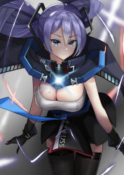 Rule 34 | 1girl, azur lane, black dress, black gloves, black thighhighs, blue cape, blue eyes, breasts, cape, cleavage, commentary request, cowboy shot, dress, electricity, floating hair, gloves, glowing, grey background, grey hair, hair between eyes, hair ornament, intrepid (azur lane), large breasts, long hair, looking to the side, mikoto paint, mole, mole on breast, sidelocks, simple background, sleeveless, sleeveless dress, smile, solo, standing, strap, thighhighs, twintails, very long hair, zettai ryouiki