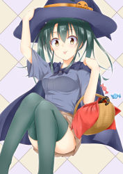 Rule 34 | 10s, 1girl, :p, basket, brown eyes, brown skirt, candy, candy cane, food, green thighhighs, grey hair, halloween, hat, hino (2nd life), japanese clothes, kantai collection, looking at viewer, pleated skirt, skirt, smile, solo, thighhighs, tongue, tongue out, twintails, witch hat, zuikaku (kancolle)