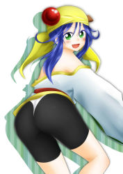 Rule 34 | 1990s (style), 1girl, ass, bandana, bare shoulders, bike shorts, blue hair, blush, fang, from behind, green eyes, lime (saber j), long hair, looking at viewer, open mouth, ponta (poqpon), saber marionette j, simple background, smile, solo, spandex, white background