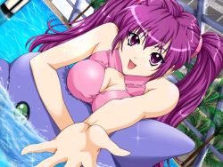 Rule 34 | 1girl, breasts, cleavage, cleavage cutout, clothing cutout, dutch angle, game cg, lugosi ela, outstretched arm, outstretched hand, purple eyes, purple hair, reaching, solo, soyokaze no uta ~breeze passed us by~, swimsuit, twintails, water, yotsuya misaki