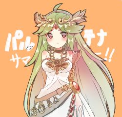 Rule 34 | 1girl, :&lt;, puff of air, ahoge, arms behind back, bare shoulders, blush, breasts, closed mouth, collarbone, dress, gem, gold, green hair, jewelry, kid icarus, long hair, looking at viewer, medium breasts, neck ring, necklace, nintendo, orange background, palutena, parted bangs, red eyes, side slit, solo, straight hair, strapless, strapless dress, super smash bros., thighhighs, tiara, very long hair, white dress, yuukichi (yu kiti27)