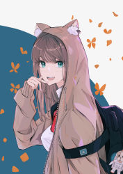 Rule 34 | 1girl, absurdres, animal ears, backpack, bag, blue eyes, blush, brown hair, cat ears, chitake, collared shirt, fake animal ears, from side, highres, hood, hoodie, long hair, looking at viewer, open mouth, original, shirt, simple background, smile, solo, upper body