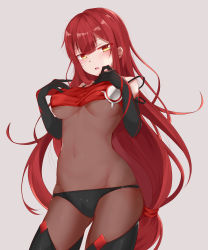 Rule 34 | 1girl, :o, absurdres, bare shoulders, black gloves, black panties, black thighhighs, blush, bodystocking, breasts, clothes lift, covered navel, cowboy shot, crimson avenger (elsword), elbow gloves, elesis (elsword), elsword, gloves, gluteal fold, grey background, highres, kaminarichyan, large breasts, lifting own clothes, long hair, looking at viewer, low twintails, open mouth, panties, red hair, simple background, skindentation, solo, stomach, thighhighs, twintails, underboob, underwear, very long hair, yellow eyes