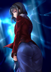 Rule 34 | 1girl, ass, backlighting, bad id, bad pixiv id, black hair, blue eyes, blue skirt, closed mouth, crack, dagger, expressionless, from behind, fur-trimmed jacket, fur trim, holding, holding weapon, huge ass, jacket, juurouta, kara no kyoukai, knife, light, long skirt, long sleeves, looking back, medium hair, open clothes, open jacket, red jacket, ryougi shiki, skirt, solo, standing, weapon