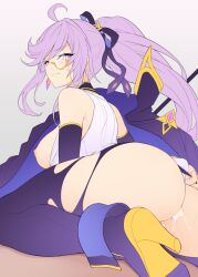 Rule 34 | 1girl, after anal, aftersex, ahoge, aisha landar, ass, blush, boots, breasts, cum, cum in ass, detached sleeves, elsword, eyewear strap, from behind, glasses, hair ribbon, high heel boots, high heels, large breasts, long hair, looking back, lord azoth (elsword), nipples, parted lips, ponytail, purple eyes, purple hair, purple ribbon, ribbon, semi-rimless eyewear, shirt, simple background, sleeveless, sleeveless shirt, solo, thigh boots, torn clothes, waero, white shirt