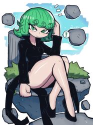 Rule 34 | !, 1girl, absurdres, black dress, breasts, dress, expressionless, female focus, floating, floating rock, full body, green eyes, green hair, highres, large breasts, legs, looking at viewer, matching hair/eyes, one-punch man, outdoors, short hair, sitting, sky, solo, tatsumaki, thick thighs, thighs, tony welt
