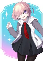 Rule 34 | 1girl, absurdres, collared dress, cowboy shot, dress, fate/grand order, fate (series), glasses, hair over one eye, highres, hood, hoodie, long sleeves, looking at viewer, mash kyrielight, necktie, open mouth, otiri, pantyhose, pink hair, purple eyes, short hair, smile, solo, sparkle