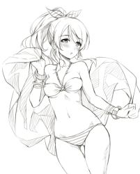 Rule 34 | 1girl, ayase eli, bikini, bow, bracelet, breasts, commentary, english commentary, gluteal fold, greyscale, hair bow, halterneck, hands up, jewelry, long hair, looking at viewer, love live!, love live! school idol project, medium breasts, monochrome, navel, o-ring, o-ring bikini, parted lips, ponytail, solo, striped bikini, striped clothes, swimsuit, thigh gap, tonee