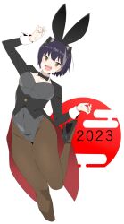 Rule 34 | 1girl, 2023, nanashi inc., akitetsu, alternate costume, animal ears, black bow, black bowtie, black footwear, black hair, black jacket, black vest, bow, bowtie, breasts, brown eyes, chinese zodiac, cleavage, covered navel, detached collar, egasumi, fake animal ears, foot out of frame, grey leotard, high heels, highres, hiyoku no crosspiece, jacket, large breasts, leotard, long sleeves, looking at viewer, muraneko nanashi, open mouth, playboy bunny, rabbit ears, red sun, short hair, shrug (clothing), smile, solo, vest, virtual youtuber, white background, year of the rabbit