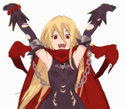 Rule 34 | 1girl, armpits, arms up, artist request, black gloves, black sleeves, blonde hair, chain, cuffs, evileye (overlord), fangs, gloves, hair between eyes, heart, heart in mouth, long hair, looking at viewer, open mouth, overlord (maruyama), red eyes, shackles, simple background, solo, teeth, third-party source, torn clothes, torn gloves, upper body, upper teeth only, vampire, white background, wide-eyed