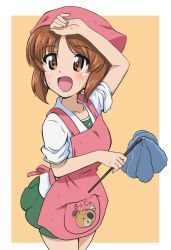 Rule 34 | 1girl, :d, animal print, apron, arm up, bandana, bear print, black neckerchief, blouse, boko (girls und panzer), brown eyes, brown hair, commentary, cowboy shot, duster, feather duster, from side, girls und panzer, holding, kanau, miniskirt, neckerchief, nishizumi miho, ooarai school uniform, open mouth, orange background, pink apron, pink bandana, pleated skirt, sailor collar, school uniform, serafuku, shirt, short hair, skirt, sleeves rolled up, smile, solo, standing, sweat, white sailor collar, white shirt, wiping sweat