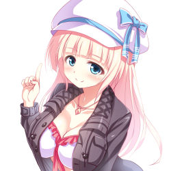 Rule 34 | 1girl, bikini, bikini under clothes, black jacket, blonde hair, blue bow, blue eyes, blush, bow, breasts, cabbie hat, cleavage, closed mouth, collarbone, frilled bikini, frills, hand up, hat, hat bow, index finger raised, jacket, jewelry, large breasts, long hair, naoki (endofcentury102), open clothes, open jacket, original, pendant, simple background, smile, solo, swimsuit, very long hair, white background, white bikini, white hat