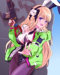 Rule 34 | 1girl, aki rosenthal, akm, animal ears, ar-khey, assault rifle, bare shoulders, blush, breasts, green jacket, gun, highres, holding, holding gun, holding weapon, hololive, jacket, kalashnikov rifle, large breasts, leotard, looking at viewer, official alternate hairstyle, playboy bunny, purple eyes, rabbit ears, rifle, smile, solo, virtual youtuber, weapon