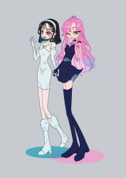 Rule 34 | 2girls, alien stage, bastta, black dress, black footwear, black hair, blue hair, boots, bow, breasts, bright pupils, collarbone, dress, elbow gloves, gloves, gradient hair, grey background, hairband, highres, holding hands, korean commentary, looking ahead, looking at viewer, medium breasts, medium hair, mizi (alien stage), multicolored hair, multiple girls, one eye closed, pink hair, strapless, strapless dress, sua (alien stage), thigh boots, v, white bow, white dress, white footwear, white gloves, white hairband, white pupils, yellow eyes