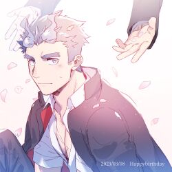 Rule 34 | 1boy, ?, bara, blue eyes, blue fire, blue hair, blush, cherry blossoms, closed mouth, collared shirt, commentary request, dated, fiery horns, fire, forked eyebrows, gakuran, gradient background, hagiography, hair slicked back, happy birthday, highres, horns, jacket, jacket on shoulders, looking at viewer, male focus, muscular, muscular male, outstretched arms, partially unbuttoned, pectoral cleavage, pectorals, petals, sakimori toji, school uniform, shirt, short hair, sideburns, solo focus, sweatdrop, thick eyebrows, tokyo houkago summoners, upper body, white background, white shirt