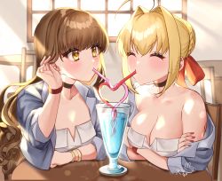 Rule 34 | 2girls, ^ ^, ahoge, alternate costume, black choker, blonde hair, bracelet, braid, braided bun, breasts, brown hair, casual, choker, cleavage, closed eyes, commentary request, cup, drinking glass, drinking straw, fate/extra, fate (series), grey jacket, hair bun, hair intakes, hair ribbon, hand up, highres, jacket, jewelry, kishinami hakuno (female), long hair, looking at another, medium breasts, multiple girls, nail polish, nero claudius (fate), nero claudius (fate) (all), nero claudius (fate/extra), open clothes, open jacket, red nails, red ribbon, ribbon, strapless, upper body, wristband, yayoi maka, yellow eyes
