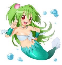 Rule 34 | 1girl, bubble, green hair, jewelry, long hair, mermaid, monster girl, muromi-san, namiuchigiwa no muromi-san, necklace, onsoku inu, open mouth, red eyes, scales, seashell, shell, smile, solo, twintails, two side up, underwater, v, water