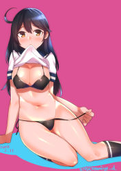 Rule 34 | 10s, 1girl, 2015, bad id, bad pixiv id, bikini, bikini under clothes, black bikini, black hair, black socks, breasts, brown hair, cleavage, clothes lift, commentary request, dated, hair between eyes, kantai collection, kyuuso inukami, large breasts, lifted by self, long hair, looking at viewer, mouth hold, navel, no pants, shiny skin, shirt lift, side-tie bikini bottom, sitting, socks, solo, stomach, swimsuit, swimsuit under clothes, twitter username, untied bikini, ushio (kancolle), yokozuwari