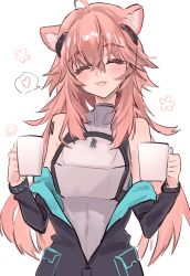 Rule 34 | 1girl, :d, ahoge, animal ear fluff, animal ears, arknights, armor, barcode, barcode tattoo, bare shoulders, black jacket, blush, breastplate, closed eyes, coffee cup, cup, disposable cup, facing viewer, gravel (arknights), heart, highres, holding, holding cup, jacket, long hair, long sleeves, open clothes, open jacket, open mouth, pink hair, shino duka, shoulder tattoo, simple background, smile, solo, speech bubble, spoken heart, tattoo, white background