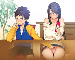 Rule 34 | 1boy, 1girl, amakuchi water, bare shoulders, black hair, blush, breasts, brother and sister, cellphone, chair, eating, hetero, incest, large breasts, long hair, looking down, panties, pantyshot, phone, short hair, shorts, siblings, sitting, skirt, table, under table, underwear, upskirt, x-ray