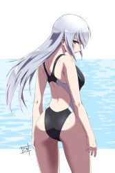 Rule 34 | 1girl, absurdres, ass, back, bare shoulders, black one-piece swimsuit, breasts, brown eyes, closed mouth, competition swimsuit, floating hair, from behind, grey hair, highres, idolmaster, idolmaster cinderella girls, idolmaster cinderella girls starlight stage, large breasts, long hair, looking at viewer, looking back, one-piece swimsuit, signature, solo, swimsuit, takamine noa, uchimura p, water, wet
