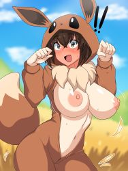 Rule 34 | !, !!, 1girl, absurdres, aged up, blurry, blurry background, blush, breasts, brown hair, commentary, cosplay, cowboy shot, creatures (company), day, eevee, eevee (cosplay), eevee ears, eevee tail, fake tail, full-face blush, full-length zipper, fur collar, game freak, gen 1 pokemon, hagarza p, hair between eyes, hands up, highres, hood, hood up, huge breasts, large breasts, long sleeves, medium hair, navel, nintendo, nipples, no bra, open clothes, open mouth, outdoors, paw pose, poke kid (pokemon), pokemon, pokemon ears, pokemon swsh, pokemon tail, sleeveless, smile, solo, stomach, surprised, sweat, tail, unzipped, wardrobe malfunction, zipper