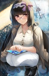 Rule 34 | 1girl, black hair, blush, boots, brown eyes, brown jacket, commentary request, fate/grand order, fate (series), glasses, hair ribbon, hairband, highres, jacket, jacket on shoulders, light smile, long hair, looking at viewer, nicky w, osakabehime (fate), pants, purple ribbon, red-framed eyewear, ribbon, shirt, solo, squatting, tablet pc, very long hair, white hairband, white pants, white shirt