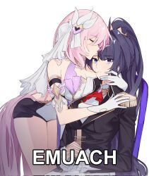 Rule 34 | 2girls, bare shoulders, bent over, black shorts, black vest, breasts, brooch, cleavage, closed mouth, clothing cutout, detached sleeves, elbow gloves, elysia (herrscher of human:ego) (honkai impact), elysia (honkai impact), english text, gloves, hair between eyes, heart, heart brooch, highres, honkai (series), honkai impact 3rd, hug, jewelry, kiss, kissing forehead, large breasts, legs, long hair, looking at viewer, multiple girls, on chair, own hands together, pink hair, ponytail, purple eyes, purple hair, quanx70909457, raiden mei, shirt, short shorts, short sleeves, shorts, side cutout, sitting, very long hair, vest, white background, white gloves, white shirt, white veil
