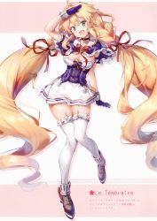 Rule 34 | 1girl, :d, absurdres, ahoge, azur lane, blonde hair, blush stickers, braid, breasts, capelet, cleavage, frilled thighhighs, frills, full body, garter straps, green eyes, hand on own head, head tilt, highres, jewelry, knees together feet apart, large breasts, le temeraire (azur lane), long hair, looking at viewer, medium breasts, necklace, open mouth, riichu, scan, shoes, simple background, skindentation, skirt, smile, solo, thigh gap, thighhighs, twin braids, very long hair, white thighhighs