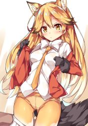 Rule 34 | 10s, 1girl, animal ears, between breasts, black gloves, blonde hair, bow, bowtie, breasts, clothes pull, cowboy shot, crotch seam, ezo red fox (kemono friends), fox ears, fox tail, gloves, highres, jacket, kemono friends, long sleeves, looking at viewer, medium breasts, necktie, necktie between breasts, panties, panties under pantyhose, pantyhose, parted bangs, red jacket, shirt, skirt, skirt pull, solo, tail, unacchi (nyusankin), underwear, white bow, white bowtie, white shirt, white skirt, yellow eyes, yellow necktie, yellow pantyhose