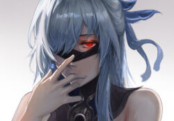 Rule 34 | 1girl, absurdres, bare shoulders, black blindfold, blindfold, blindfold down, blue ribbon, commentary, earrings, english commentary, finger in own mouth, glowing, glowing eye, glowing eyes, gradient background, grey background, grey hair, hair over one eye, hair ribbon, hand up, highres, honkai: star rail, honkai (series), jewelry, jingliu (honkai: star rail), long hair, looking at viewer, luxearte, portrait, red eyes, ribbon, sidelocks, single earring, solo, white background