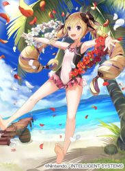 Rule 34 | 1girl, armpits, barefoot, blonde hair, blue sky, cloud, cloudy sky, coconut, commentary request, company name, copyright name, day, elise (fire emblem), elise (summer) (fire emblem), feet, fire emblem, fire emblem cipher, fire emblem fates, flower, food, fruit, kurosawa tetsu, long hair, nintendo, ocean, official art, one-piece swimsuit, open mouth, outdoors, palm leaf, palm tree, petals, purple eyes, sky, smile, soles, solo, swimsuit, toes, tree, water