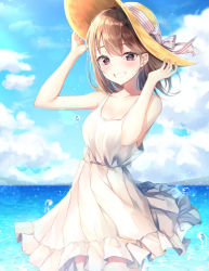 Rule 34 | 1girl, :d, bad id, bad pixiv id, bare arms, bare shoulders, blue sky, blush, breasts, brown eyes, brown hair, brown hat, bubble, cleavage, cloud, cloudy sky, collarbone, cowboy shot, day, dress, grin, hands up, hat, hat ribbon, hinaki (hinaki 0102), horizon, looking at viewer, medium hair, ocean, open mouth, original, outdoors, ribbon, sky, sleeveless, sleeveless dress, small breasts, smile, solo, standing, sun hat, sundress, white dress
