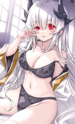 Rule 34 | 1girl, bare shoulders, black bra, black panties, blush, bra, breasts, cleavage, collarbone, dragon girl, dragon horns, fate/grand order, fate (series), floral print, highres, horns, japanese clothes, kimono, kiyohime (fate), kiyohime (third ascension) (fate), large breasts, long hair, looking at viewer, morizono shiki, navel, off shoulder, panties, parted lips, red eyes, sitting, solo, thighs, underwear, white hair, white kimono, wide sleeves
