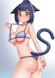 Rule 34 | 1girl, 3:, animal ears, arknights, ass, ass grab, bad id, bad pixiv id, bikini, blue hair, blush, breasts, cat ears, cat tail, collarbone, deaver, from behind, grabbing own ass, green eyes, halterneck, highres, jessica (arknights), large breasts, looking at viewer, looking back, medium breasts, solo, string bikini, swimsuit, tail, thong bikini