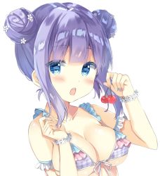 Rule 34 | 1girl, bare shoulders, bikini, blue eyes, blue nails, blush, breasts, cherry, cleavage, collarbone, commentary request, double bun, fang, fingernails, flower, food, front-tie bikini top, front-tie top, fruit, hair bun, hair flower, hair ornament, hands up, holding, holding food, large breasts, multicolored nails, nail polish, open mouth, original, pink nails, plaid, plaid bikini, purple bikini, purple hair, purple nails, saeki sora, sidelocks, simple background, solo, swimsuit, white background, white flower, wrist flower