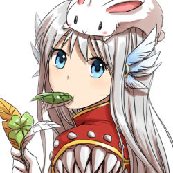 Rule 34 | 1girl, animal, animal on head, blue eyes, blue wings, cape, clover, commentary request, creator (ragnarok online), feathers, four-leaf clover, gloves, gradient wings, grey hair, head wings, holding, holding feather, leaf, living clothes, long hair, looking at viewer, looking to the side, mouth hold, multicolored wings, natsuya (kuttuki), on head, rabbit, rabbit on head, ragnarok online, red cape, simple background, solo, stalk in mouth, teeth, upper body, white background, white gloves, white wings, wings