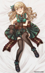 Rule 34 | 1girl, @ @, artist name, bed sheet, black bow, black footwear, black gloves, black thighhighs, blush, bow, brooch, brown eyes, buckle, commentary request, corset, dress, drill hair, english text, frilled dress, frilled footwear, frills, full body, gloves, green bow, green dress, hair bow, hair ornament, highres, hmax, idolmaster, idolmaster cinderella girls, idolmaster cinderella girls starlight stage, jewelry, lace, lace-trimmed legwear, lace trim, large bow, light brown hair, long hair, looking at viewer, lying, medium dress, morikubo nono, necklace, on back, on bed, partial commentary, pearl necklace, shoes, sleeveless, sleeveless dress, smile, solo, tearing up, thighhighs, wavy mouth