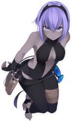 Rule 34 | 1girl, backless outfit, bad id, bad pixiv id, bandaged leg, bandages, bare shoulders, black gloves, black legwear, blush, breasts, center opening, dark-skinned female, dark skin, fate/grand order, fate/prototype, fate/prototype: fragments of blue and silver, fate (series), fingerless gloves, full body, gloves, hairband, hassan of serenity (fate), highres, leotard, looking at viewer, medium breasts, otokuyou, purple eyes, purple hair, short hair, sideboob, solo, weapon, white background