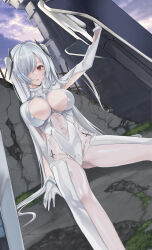 Rule 34 | 1girl, absurdres, bodysuit, breasts, cinderella (nikke), cleavage cutout, clothing cutout, goddess of victory: nikke, hair over one eye, headgear, highres, large breasts, long hair, nagato tsumugu, navel cutout, one eye covered, outdoors, red eyes, see-through, see-through skirt, skirt, solo, twintails, very long hair, white bodysuit, white hair