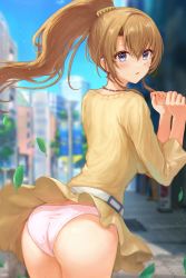 Rule 34 | 1girl, absurdres, akatsuki no goei, ass, belt, blonde hair, blue eyes, city, cityscape, clothes lift, dress, from behind, hands up, highres, leaf, falling leaves, looking at viewer, outdoors, panties, pantyshot, pink panties, ponytail, sauvignon, skirt, skirt lift, solo, underwear, wind, wind lift, yellow dress, yellow skirt