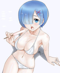 Rule 34 | 10s, 1girl, 2017, alternate costume, arm support, bikini, blue eyes, blue hair, breasts, chuxinzhe xiaolin, cleavage, dated, food, from above, hair over one eye, highres, large breasts, looking at viewer, micro bikini, navel, open mouth, popsicle, re:zero kara hajimeru isekai seikatsu, rem (re:zero), saliva, saliva trail, short hair, sitting, skindentation, solo, stomach, swimsuit, thighs