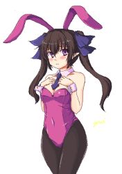 Rule 34 | 1girl, alternate costume, animal ears, bare shoulders, black hair, black pantyhose, blush, breasts, cleavage, covered navel, detached collar, hair ribbon, himekaidou hatate, isaki (gomi), leotard, long hair, looking at viewer, necktie, oekaki, pantyhose, playboy bunny, pointy ears, purple eyes, rabbit ears, ribbon, simple background, small breasts, solo, touhou, twintails, white background, wrist cuffs