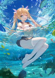 Rule 34 | 1girl, ;p, ahoge, air bubble, animal, bikini, bikini under clothes, black skirt, blonde hair, blue eyes, blue sky, bubble, cloud, commentary request, day, fish, food, full body, hair between eyes, hair ribbon, highres, holding, holding food, innertube, long hair, looking at viewer, mo (pixiv9929995), navel, no shoes, one eye closed, original, outdoors, partially submerged, partially underwater shot, pleated skirt, popsicle, ribbon, sample watermark, shirt, skirt, sky, solo, swim ring, swimming, swimsuit, thighhighs, tongue, tongue out, transparent, twintails, underwater, very long hair, water, watermark, white bikini, white ribbon, white shirt, white thighhighs