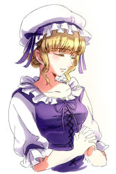 Rule 34 | 1girl, alouette (la danse macabre), bad id, bad pixiv id, blonde hair, dress, closed eyes, own hands clasped, hat, hat ribbon, hirumae, la danse macabre, mob cap, own hands together, praying, puffy sleeves, ribbon, solo