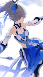 Rule 34 | 1girl, ahchuh, arm up, armlet, armor, bare shoulders, blue dress, blue gemstone, blue ribbon, blurry, breasts, bronya zaychik, bronya zaychik (herrscher of truth), brown eyes, closed mouth, clothing cutout, collarbone, depth of field, detached collar, dress, elbow gloves, faulds, female focus, gem, gloves, grey hair, hair ribbon, holding, holding weapon, honkai (series), honkai impact 3rd, looking to the side, outstretched arm, ponytail, profile, ribbon, side cutout, sidelocks, simple background, small breasts, solo, strapless, strapless dress, weapon, white background, white gloves