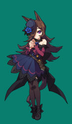 Rule 34 | 1girl, animal ears, armpit crease, bare shoulders, black footwear, black thighhighs, blue flower, blue headwear, blue rose, brown hair, closed mouth, commentary request, dagger, dress, flower, full body, green background, hair over one eye, highres, horse ears, horse girl, horse tail, knife, long hair, long sleeves, looking at viewer, off-shoulder dress, off shoulder, own hands together, purple dress, purple eyes, rice shower (umamusume), rose, sheath, sheathed, simple background, solo, suzuhara kenji, tail, thighhighs, umamusume, very long hair, weapon